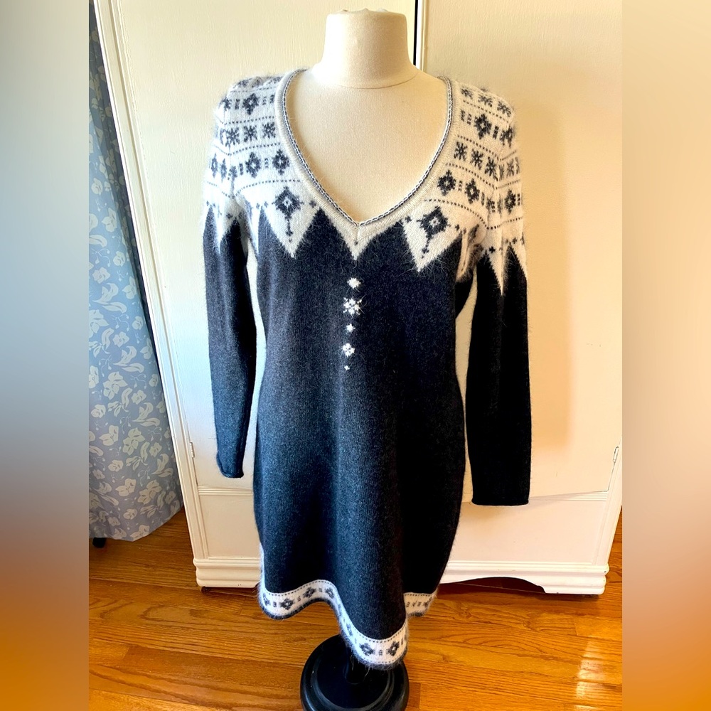 Moda International Wool Angora Nordic Sweater Dress Size L Gray White Fair Isle